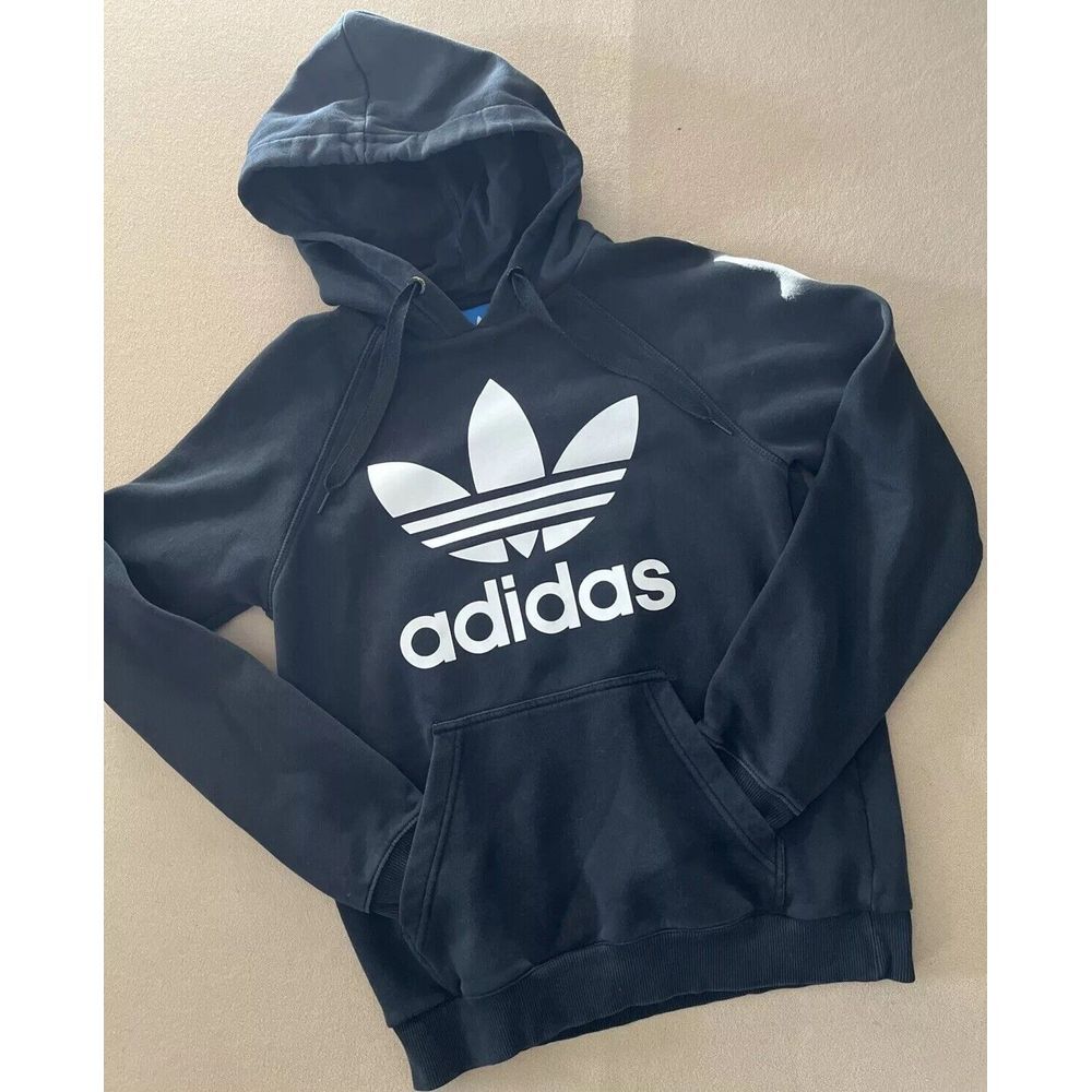 VTG Adidas Leaf Hoodie Pullover Black Mens Sz S Hand Pockets Heavy Cotton Blend